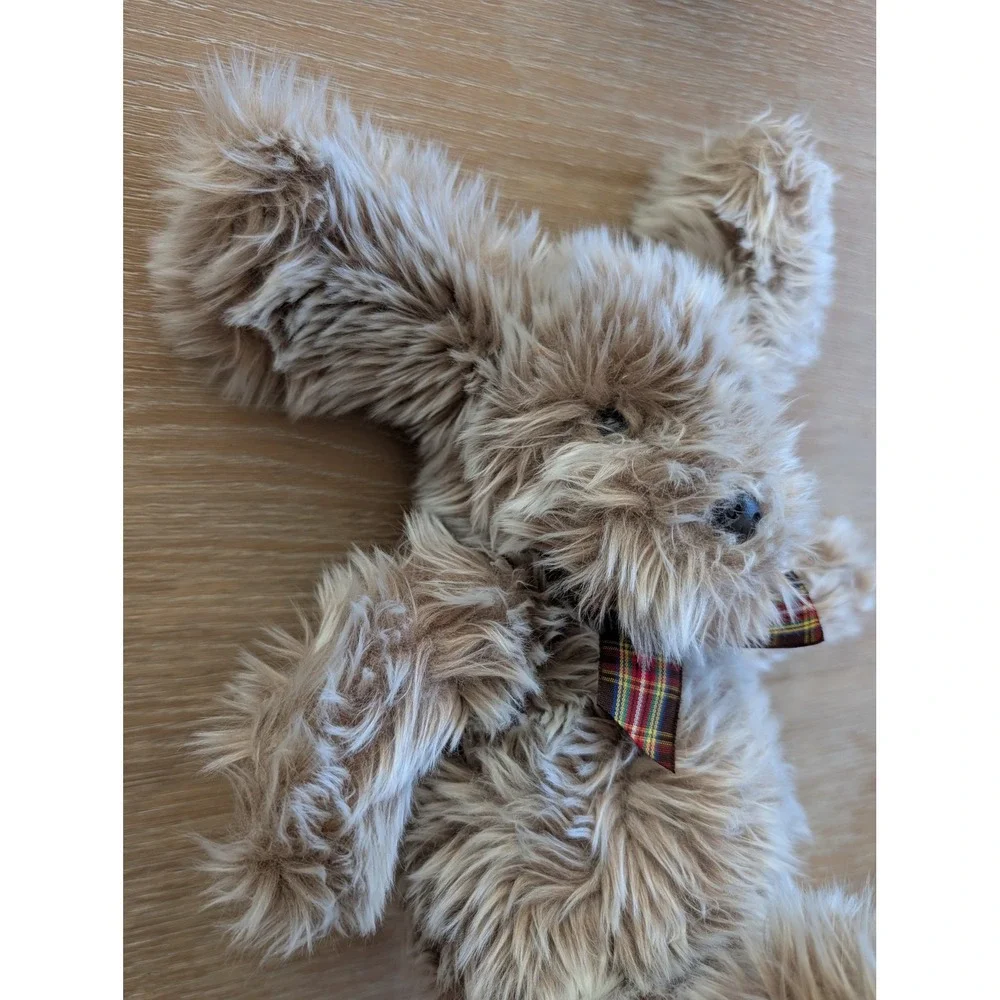 Vintage Gund Shaggy Brown Dog Plush Plaid Bow Tie‎ Soft Stuffed Animal Puppy Toy